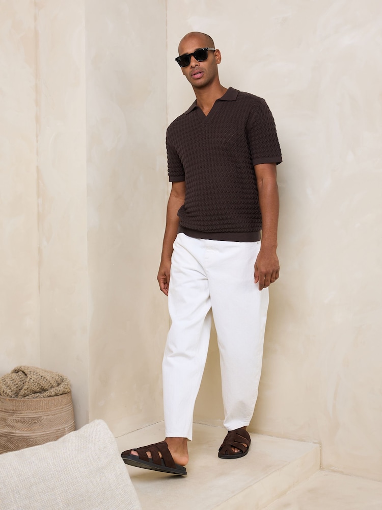 Brown Stripe N. Premium Linen Rich Knit Trophy Polo Shirt - Image 2 of 7