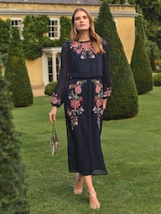 Love & Roses Navy Floral Petite Embroidered Crew Neck Midi Dress - Image 1 of 4