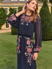 Love & Roses Navy Floral Petite Embroidered Crew Neck Midi Dress - Image 2 of 4