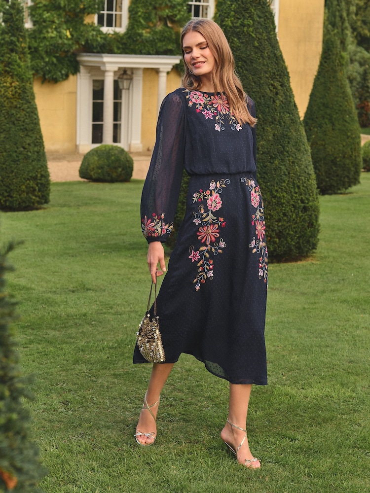 Love & Roses Navy Floral Petite Embroidered Crew Neck Midi Dress - Image 4 of 4 Love & Roses Navy Floral Petite Embroidered Crew Neck Midi Dress - Image 4 of 4