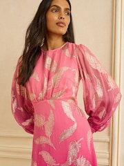 Love & Roses Pink Feather Metallic Ombre Petite Cuffed Sleeve Maxi Dress - Image 2 of 4