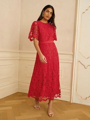Love & Roses Red Petite Lace Angel Sleeve Midi Dress - Image 1 of 5