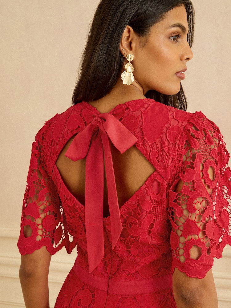Love & Roses Red Petite Lace Angel Sleeve Midi Dress - Image 2 of 5