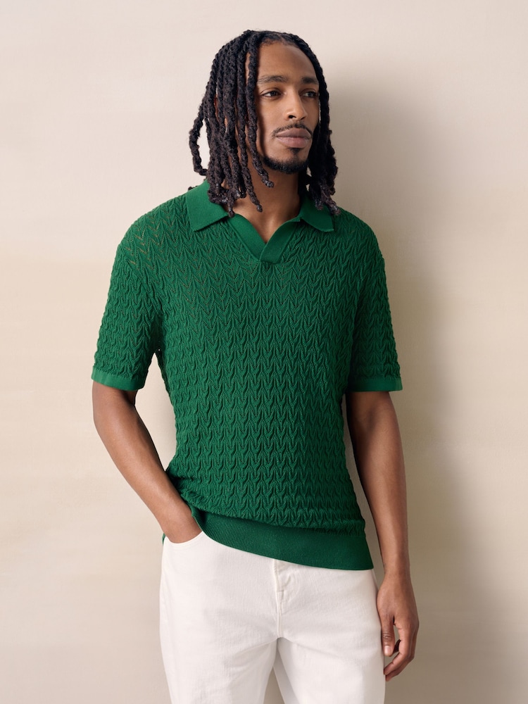 Tennis/Grün - Regular Fit Cotton Rich Pointelle Knit Trophy Neck Polo Shirt - Bild 1 von 8