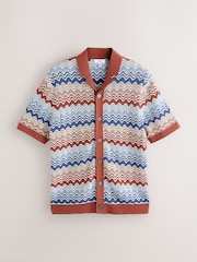 コーラル / ブルー - Wave Crochet Stripe Knitted Cuban Shirt - 画像 1 / 3