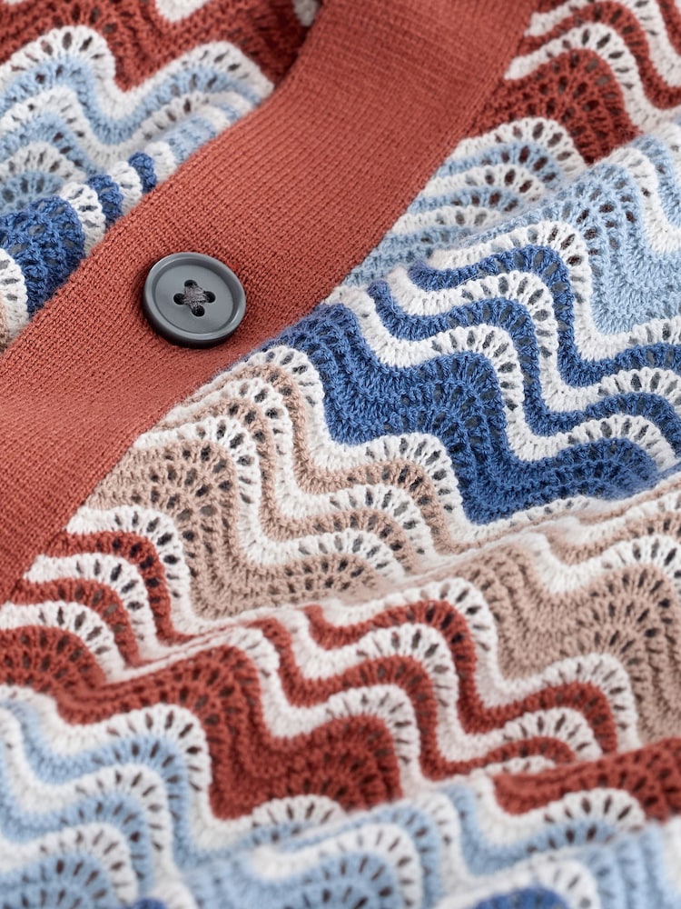 コーラル / ブルー - Wave Crochet Stripe Knitted Cuban Shirt - 画像 2 / 3