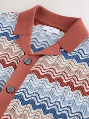 コーラル / ブルー - Wave Crochet Stripe Knitted Cuban Shirt - 画像 3 / 3