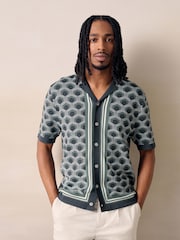 Grey Geometric Pattern Knitted Cuban Shirt - Image 1 of 4