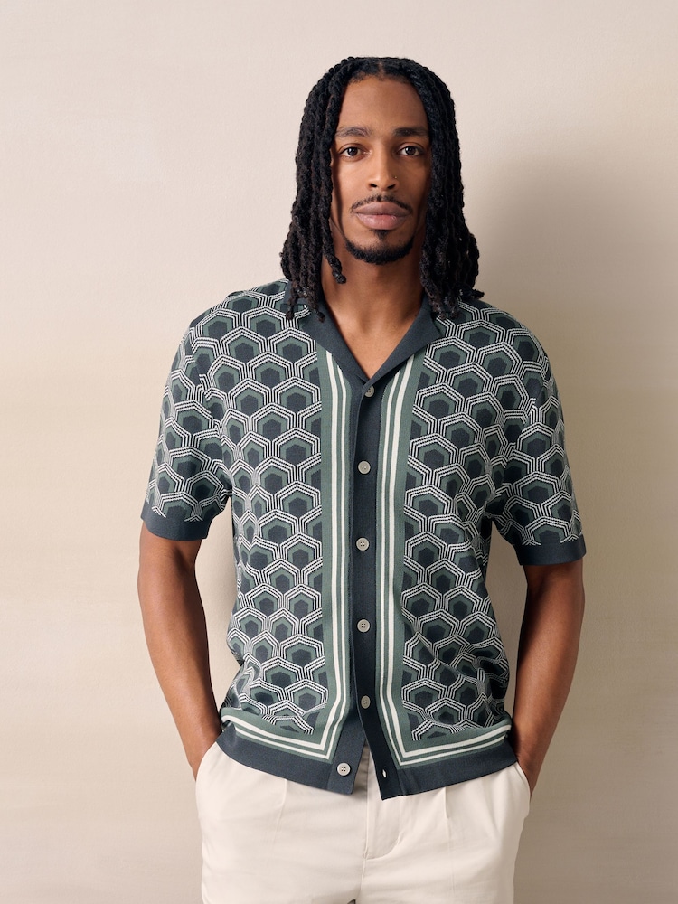 Grey Geometric Pattern Knitted Cuban Shirt - Image 1 of 4