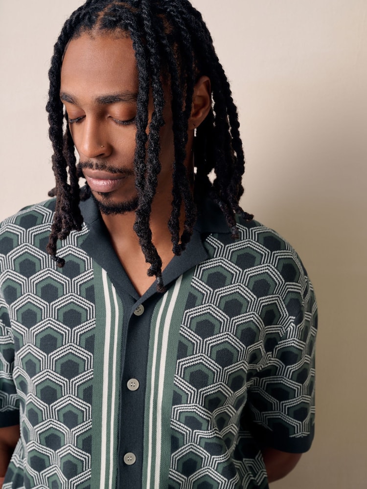 Grey Geometric Pattern Knitted Cuban Shirt - Image 4 of 4