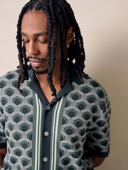 Grey Geometric Pattern Knitted Cuban Shirt - Image 5 of 7