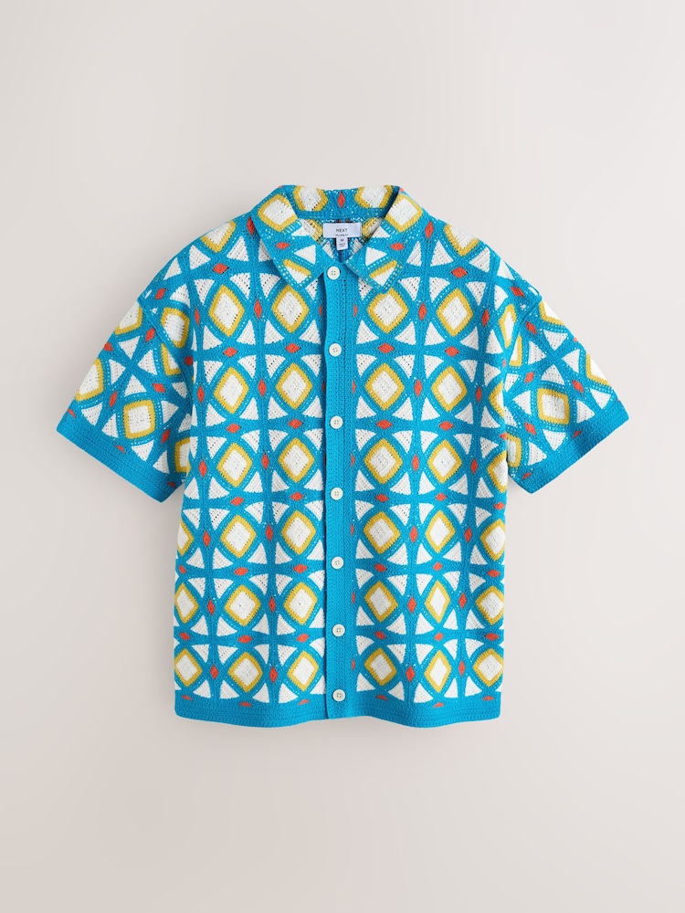 ブルー / ホワイト - リラックスフィット幾何学模様クロシェニットシャツ - 画像 1 / 3