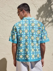 Bleu/Blanc - Relaxed Fit Geo Pattern Crochet Knitted Shirt - Image 4 de 7