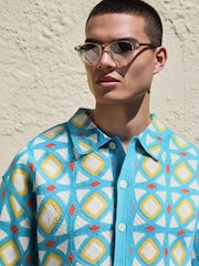 Bleu/Blanc - Relaxed Fit Geo Pattern Crochet Knitted Shirt - Image 5 de 7