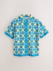 Bleu/Blanc - Relaxed Fit Geo Pattern Crochet Knitted Shirt - Image 6 de 7