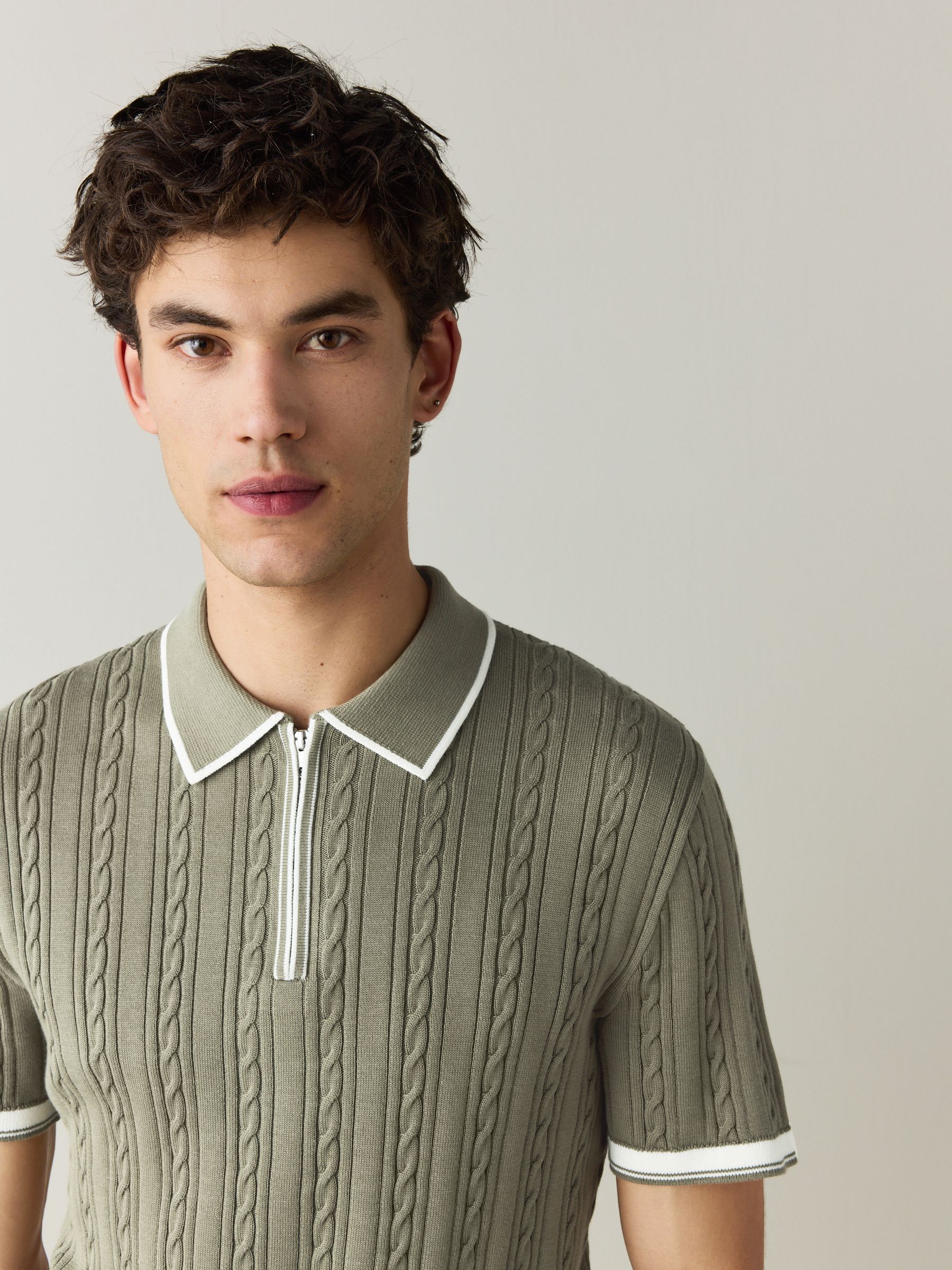 Buy Sage Green Slim Fit Cable Knit Quarter Zip Tipped Polo Shirt