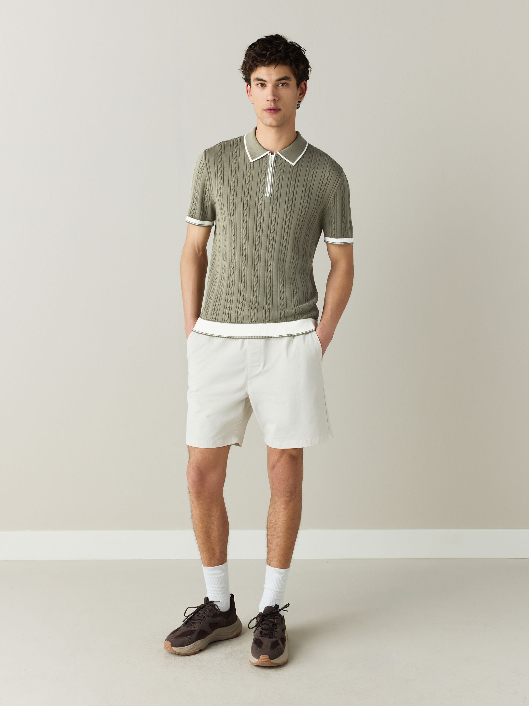 Buy Sage Green Slim Fit Cable Knit Quarter Zip Tipped Polo Shirt