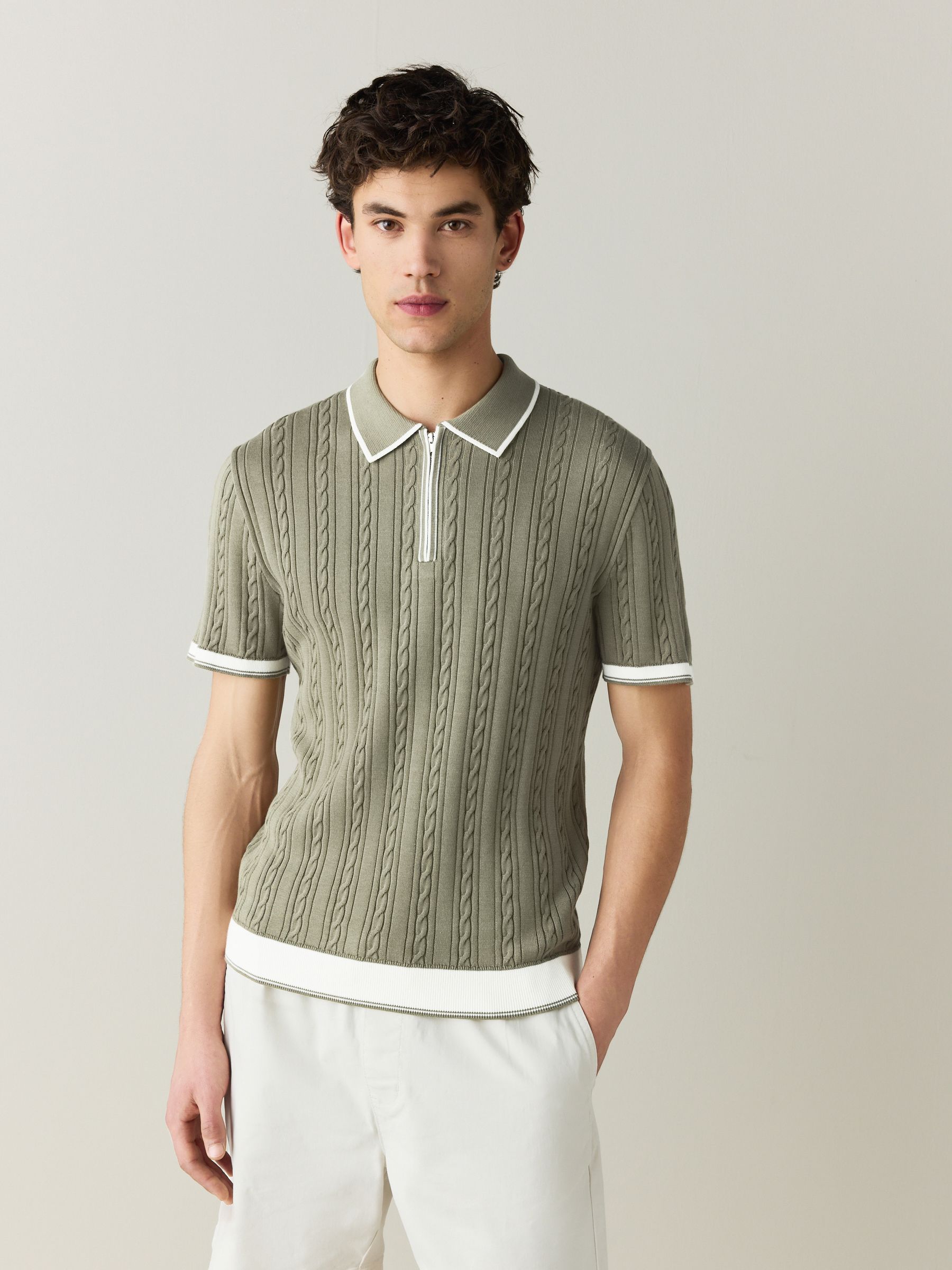 Buy Sage Green Slim Fit Cable Knit Quarter Zip Tipped Polo Shirt