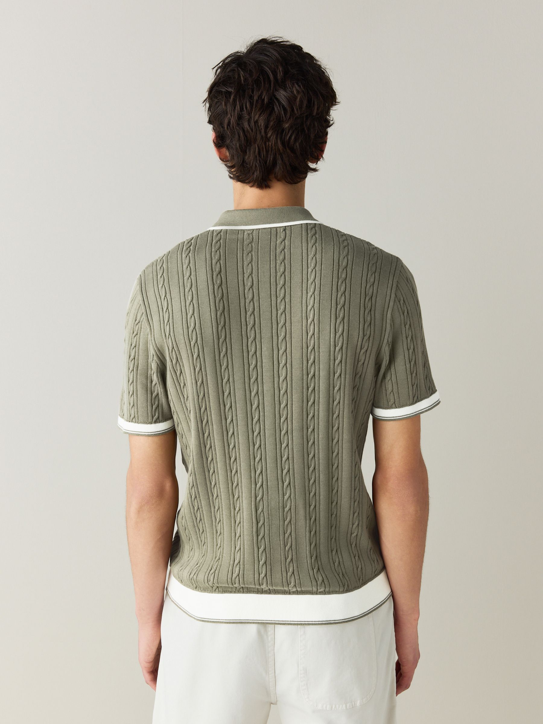 Buy Sage Green Slim Fit Cable Knit Quarter Zip Tipped Polo Shirt