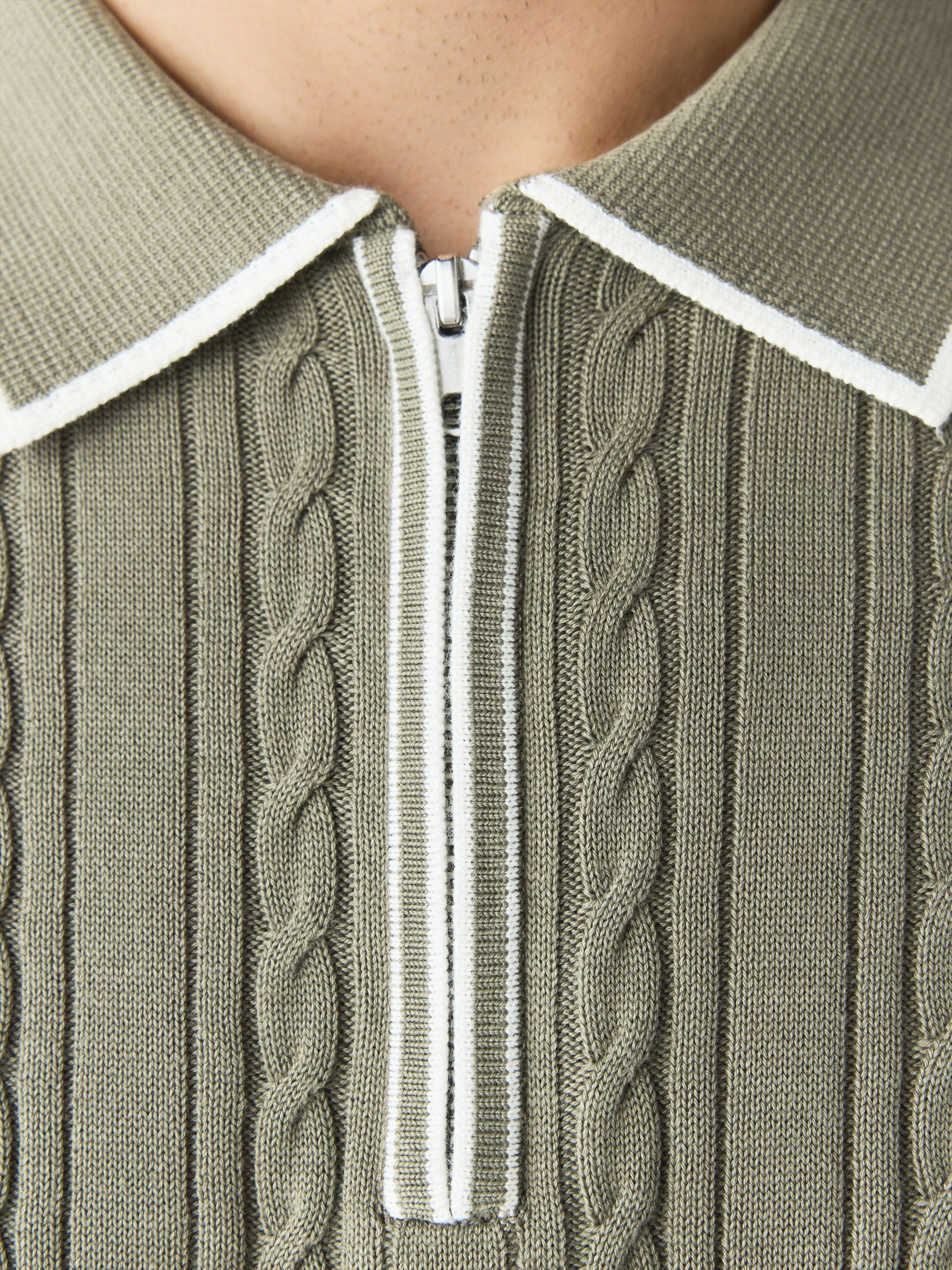 Buy Sage Green Slim Fit Cable Knit Quarter Zip Tipped Polo Shirt