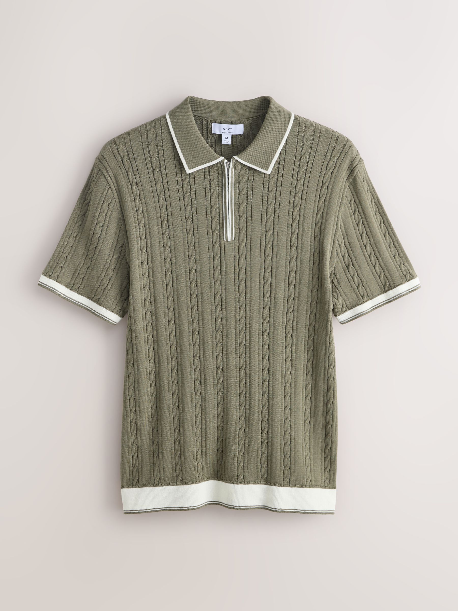 Buy Sage Green Slim Fit Cable Knit Quarter Zip Tipped Polo Shirt