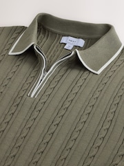 Sage Green Slim Fit Cable Zip Neck Polo Shirt - Image 7 of 8