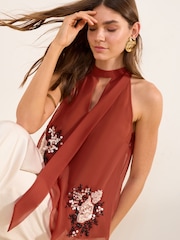 Friends Like These Rust Red Embellished Sleeveless Scarf Top - Image 1 of 5