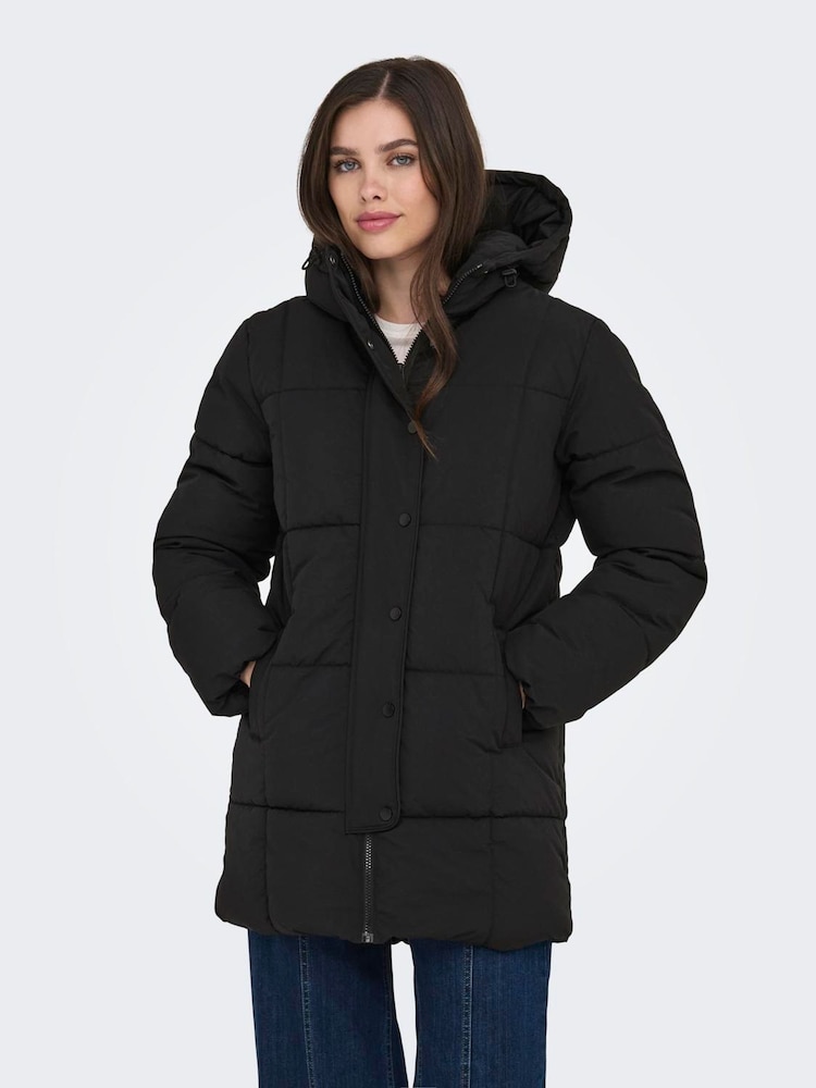 JDY Black Longline Hooded Puffer Coat - Image 1 of 6 JDY Black Longline Hooded Puffer Coat - Image 1 of 6