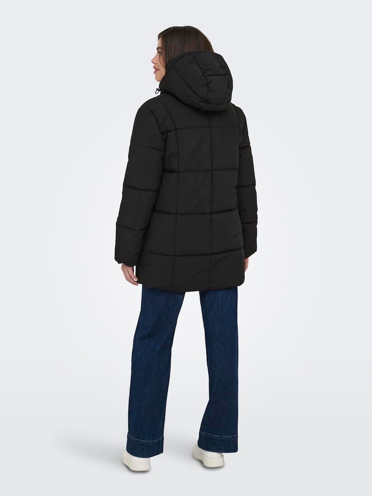 JDY Black Longline Hooded Puffer Coat - Image 2 of 6