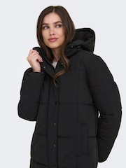JDY Black Longline Hooded Puffer Coat - Image 3 of 6