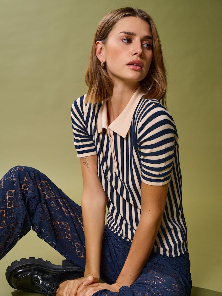 JDY Blue Striped Knitted Polo Top - Image 1 of 3 JDY Blue Striped Knitted Polo Top - Image 1 of 3