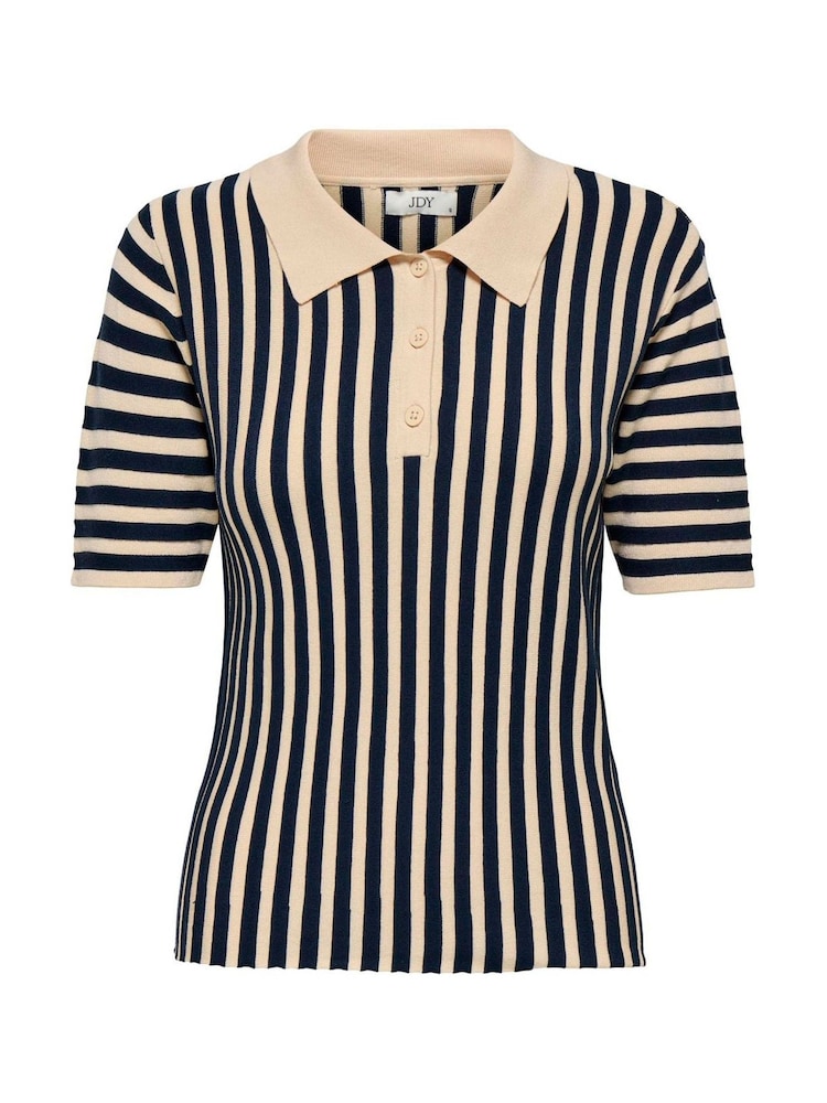 JDY Blue Striped Knitted Polo Top - Image 2 of 3 JDY Blue Striped Knitted Polo Top - Image 2 of 3