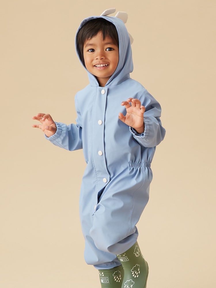 MORI Blue Dinosaur Lined Waterproof Puddlesuit - Image 1 of 7 MORI Blue Dinosaur Lined Waterproof Puddlesuit - Image 1 of 7