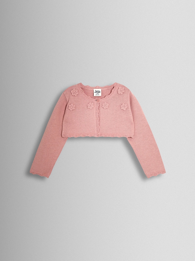 JoJo Maman Bébé Pink Crochet Flower Bolero Cardigan - Image 1 of 3