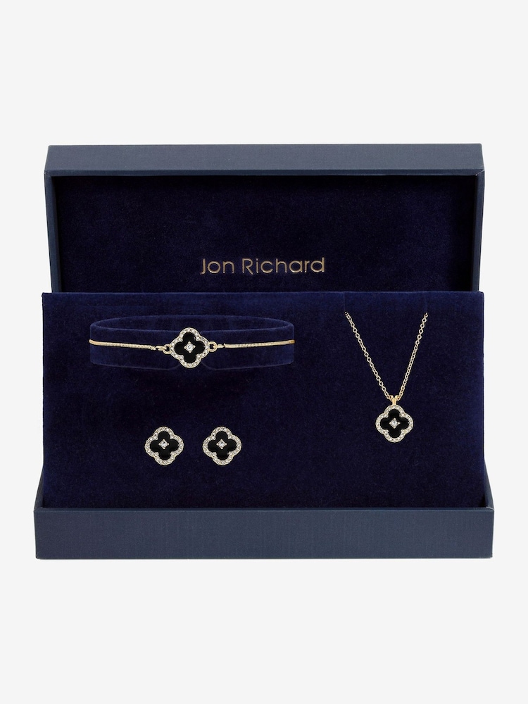 Jon Richard Gold Plated and Jet Clover Trio Set Gift Box - Image 2 of 5