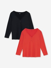 Simply Be Black Red Soft Touch Long Sleeve Henley Tops 2 Pack - Image 1 of 5
