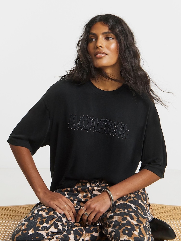 Simply Be Black Lover Studded Detail Modal T-Shirt - Image 1 of 4 Simply Be Black Lover Studded Detail Modal T-Shirt - Image 1 of 4
