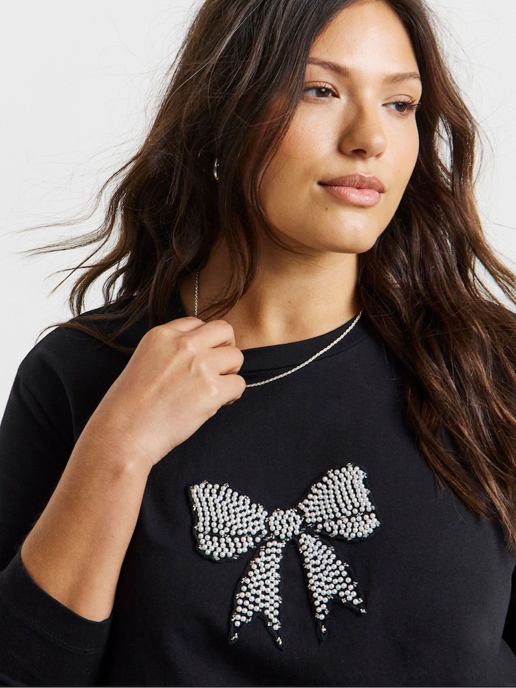 Simply Be Black Pearl Bow Detail Long Sleeve Top - Image 4 of 4