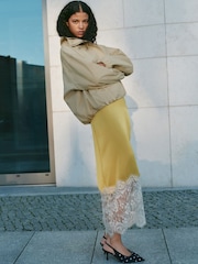 Lime Green Satin Midi Skirt With Lace Trim - Image 1 of 7