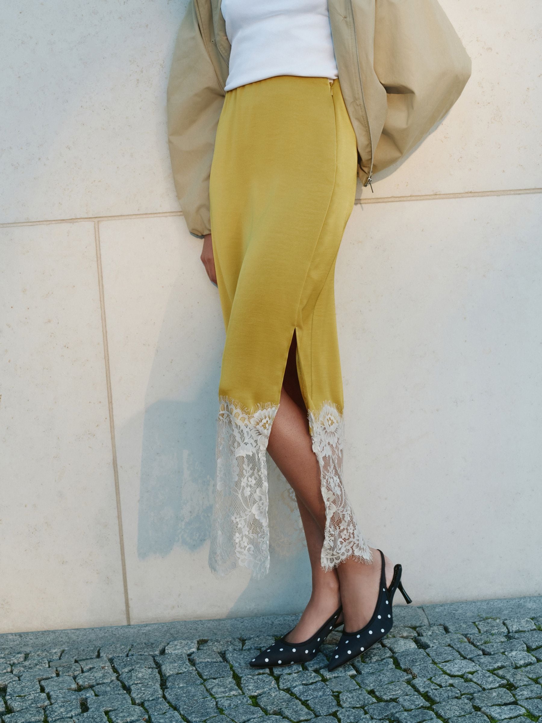 Buy Yellow Satin Midi Skirt With Lace Trim from Next Sweden