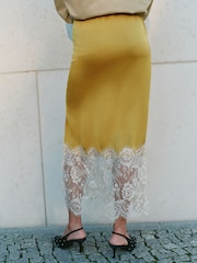Lime Green Satin Midi Skirt With Lace Trim - Image 3 of 7