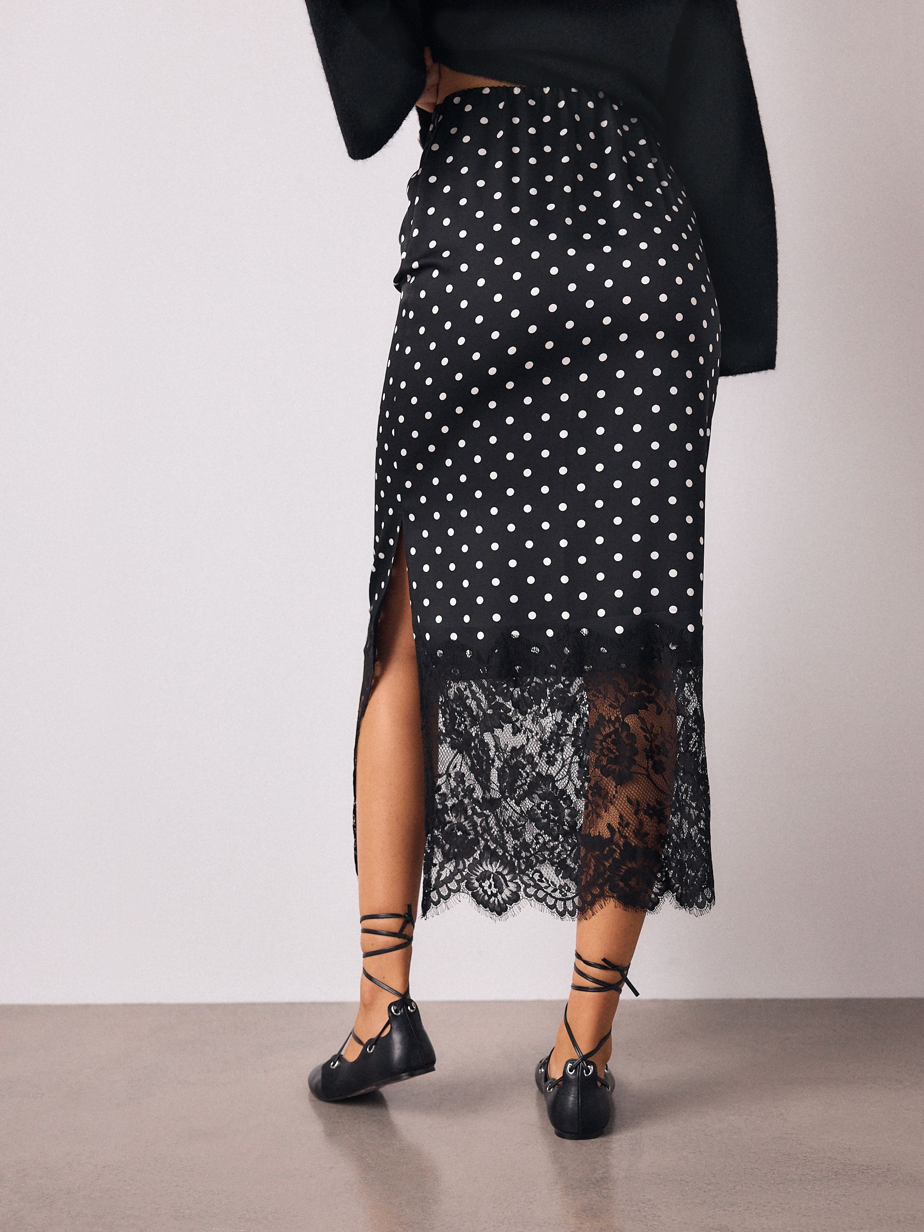 Buy Black/White Spot Satin Midi Skirt With Lace Trim from Next USA