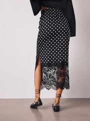 Black/White Spot Satin Midi Skirt With Lace Trim - Image 4 of 8
