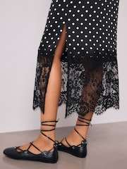 Black/White Spot Satin Midi Skirt With Lace Trim - Image 5 of 8