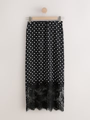 Black/White Spot Satin Midi Skirt With Lace Trim - Image 6 of 8