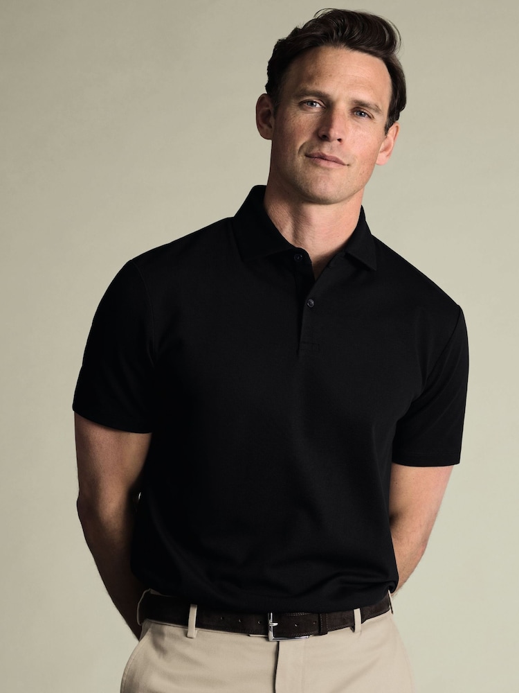 Charles Tyrwhitt Black Short Sleeve Cotton Stretch Smart Pique Polo Shirt - Image 1 of 6