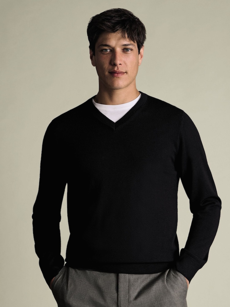 Charles Tyrwhitt Black Pure Merino V-Neck Jumper - Image 2 of 6 Charles Tyrwhitt Black Pure Merino V-Neck Jumper - Image 2 of 6
