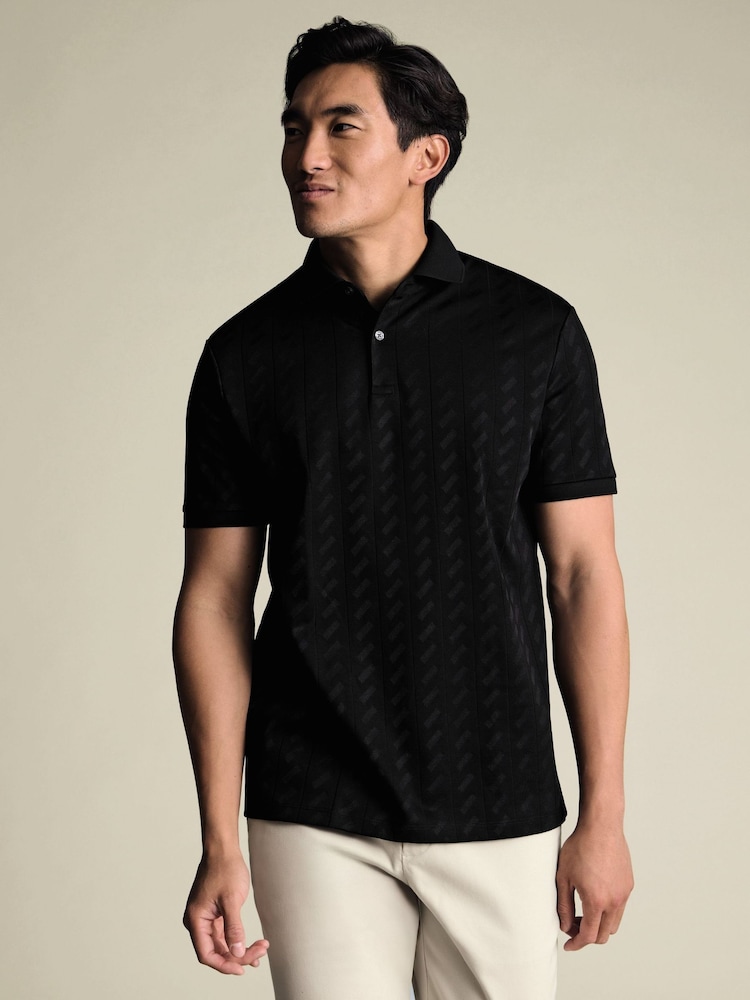 Charles Tyrwhitt Black Short Sleeve Large Textured Jacquard Polo Shirt - Image 1 of 6 Charles Tyrwhitt Black Short Sleeve Large Textured Jacquard Polo Shirt - Image 1 of 6