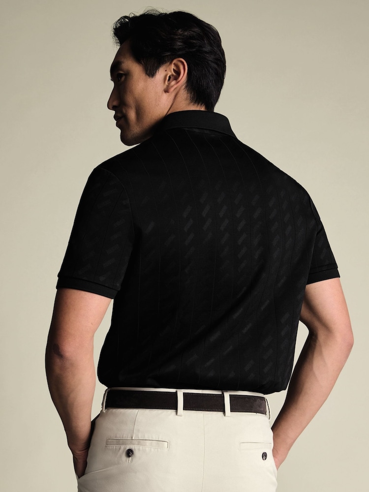 Charles Tyrwhitt Black Short Sleeve Large Textured Jacquard Polo Shirt - Image 2 of 6 Charles Tyrwhitt Black Short Sleeve Large Textured Jacquard Polo Shirt - Image 2 of 6