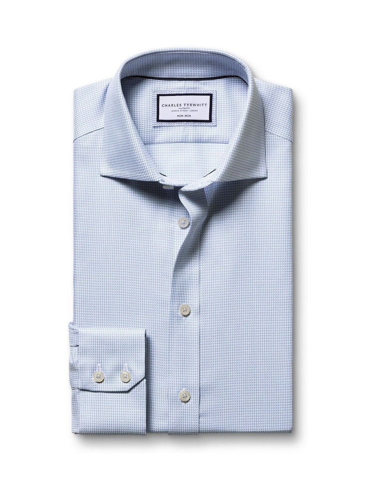 Charles Tyrwhitt Blue Non Iron Stretch Burlington Weave Cutaway Slim Fit Shirt - Image 1 of 6 Charles Tyrwhitt Blue Non Iron Stretch Burlington Weave Cutaway Slim Fit Shirt - Image 1 of 6